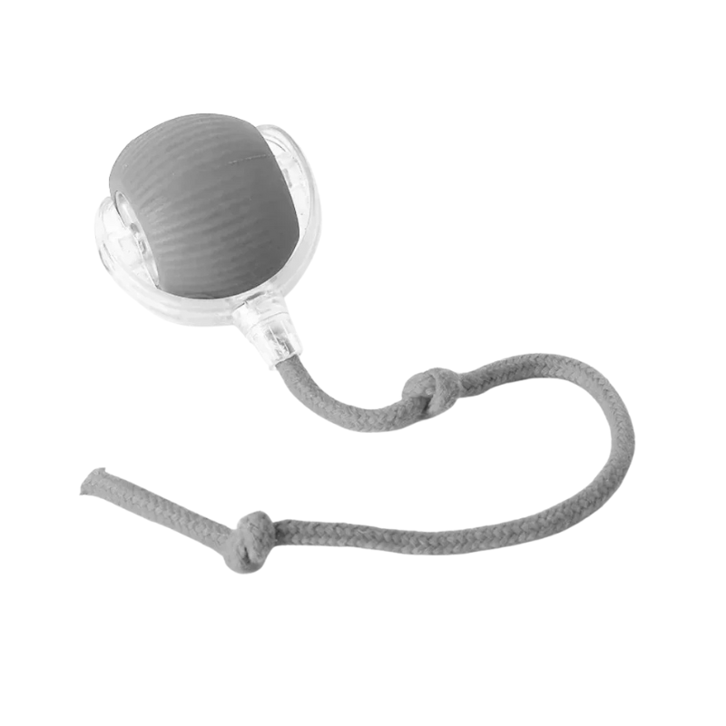 Gray and clear device with a rope on a white background