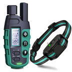 Green and black electronic dog training collar with remote on a white background