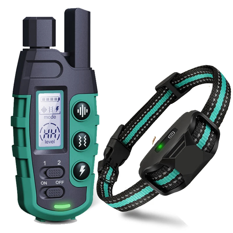 Green and black electronic dog training collar with remote on a white background