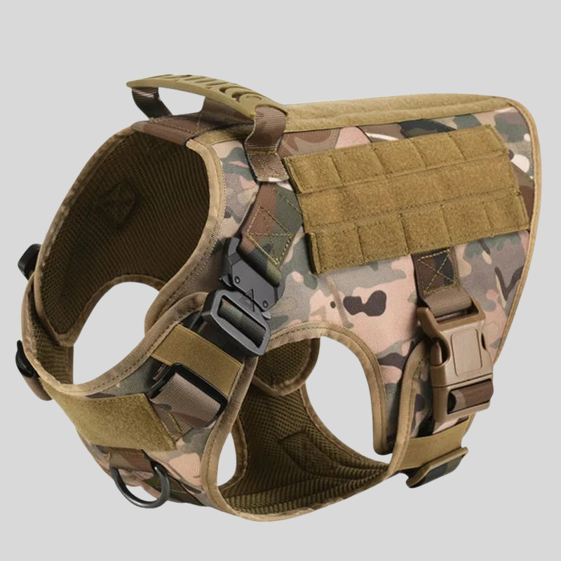 Camouflage dog harness with tactical design on a light gray background