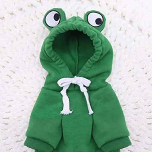 Green frog costume with a hood on a textured white background