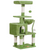 Green cat tree with multiple levels and a hanging ball on a white background