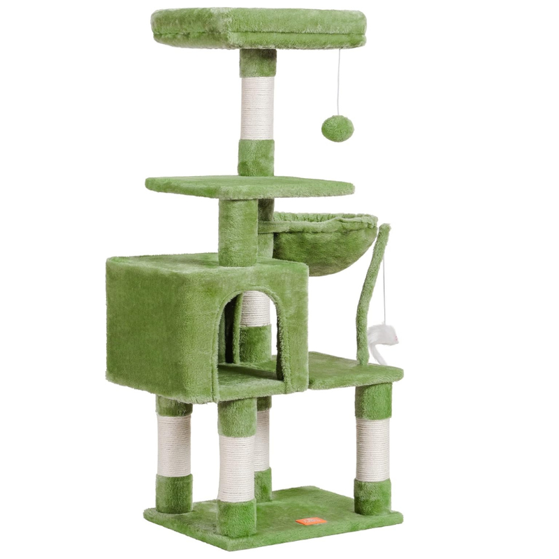 Green cat tree with multiple levels and a hanging ball on a white background