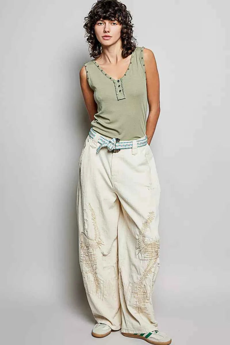 POL Studded Trim Button-Front Ruffle Detail Tank