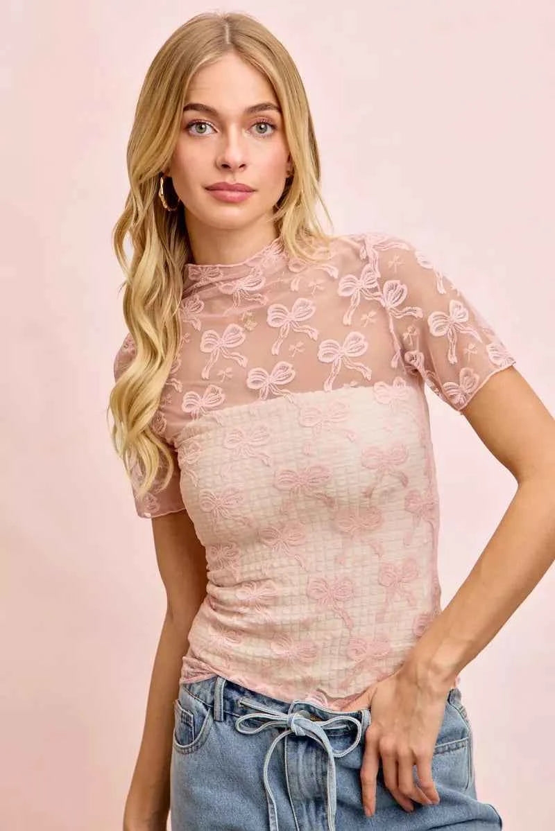 BiBi High Neckline Short Sleeves Bow Pattern Mesh Top