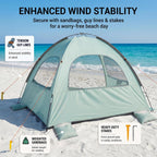 WhiteFang Beach Tent Anti-UV Portable Sun Shade Shelter for 3 Person, Extendable Floor with 3 Ventilating Mesh Windows Plus Carrying Bag, Stakes and Guy Lines
