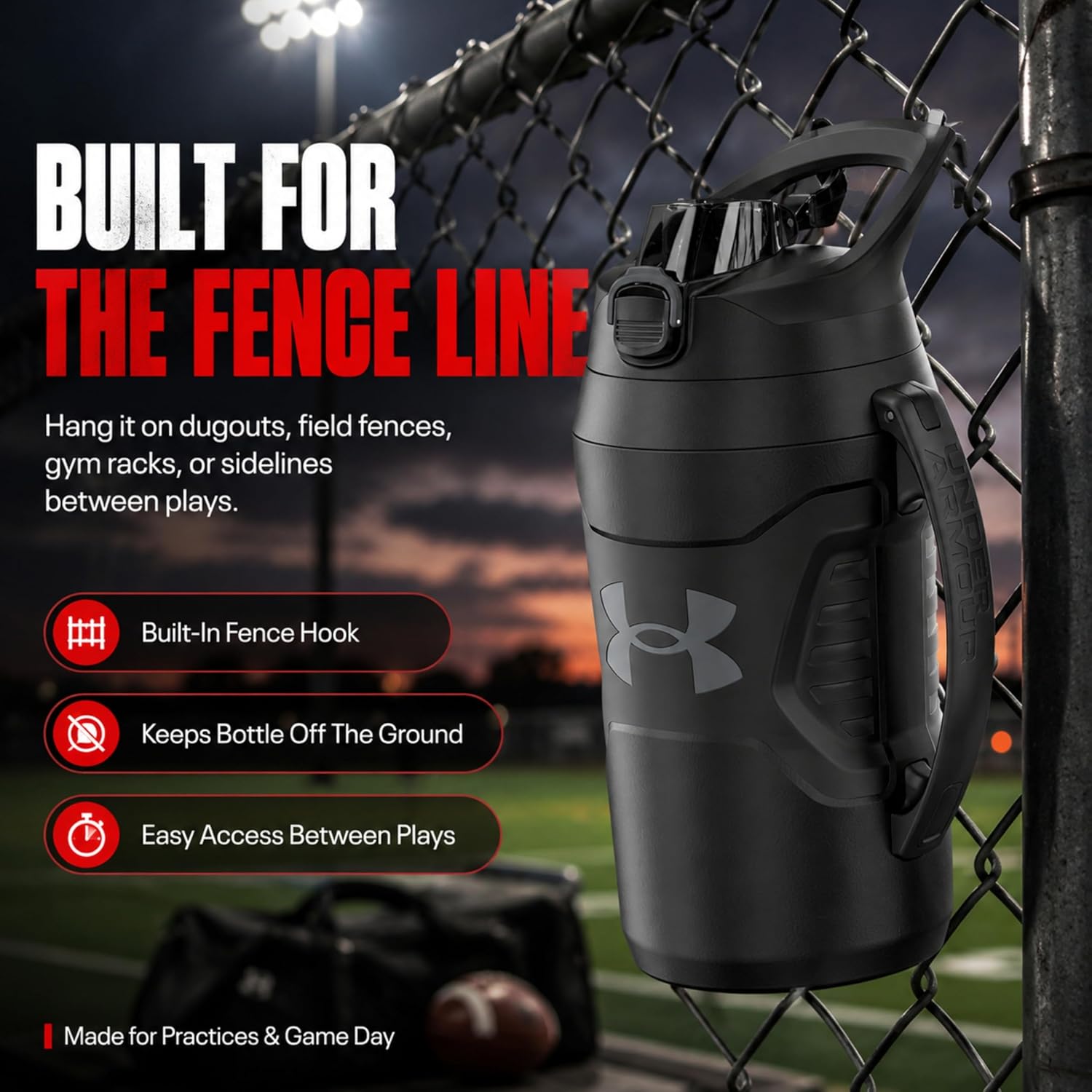 Insulated Water Bottle with Handle & Fence Hook, Half Gallon Sports Water Jug, Leak-Resistant & BPA-Free for Baseball, Football & Gym