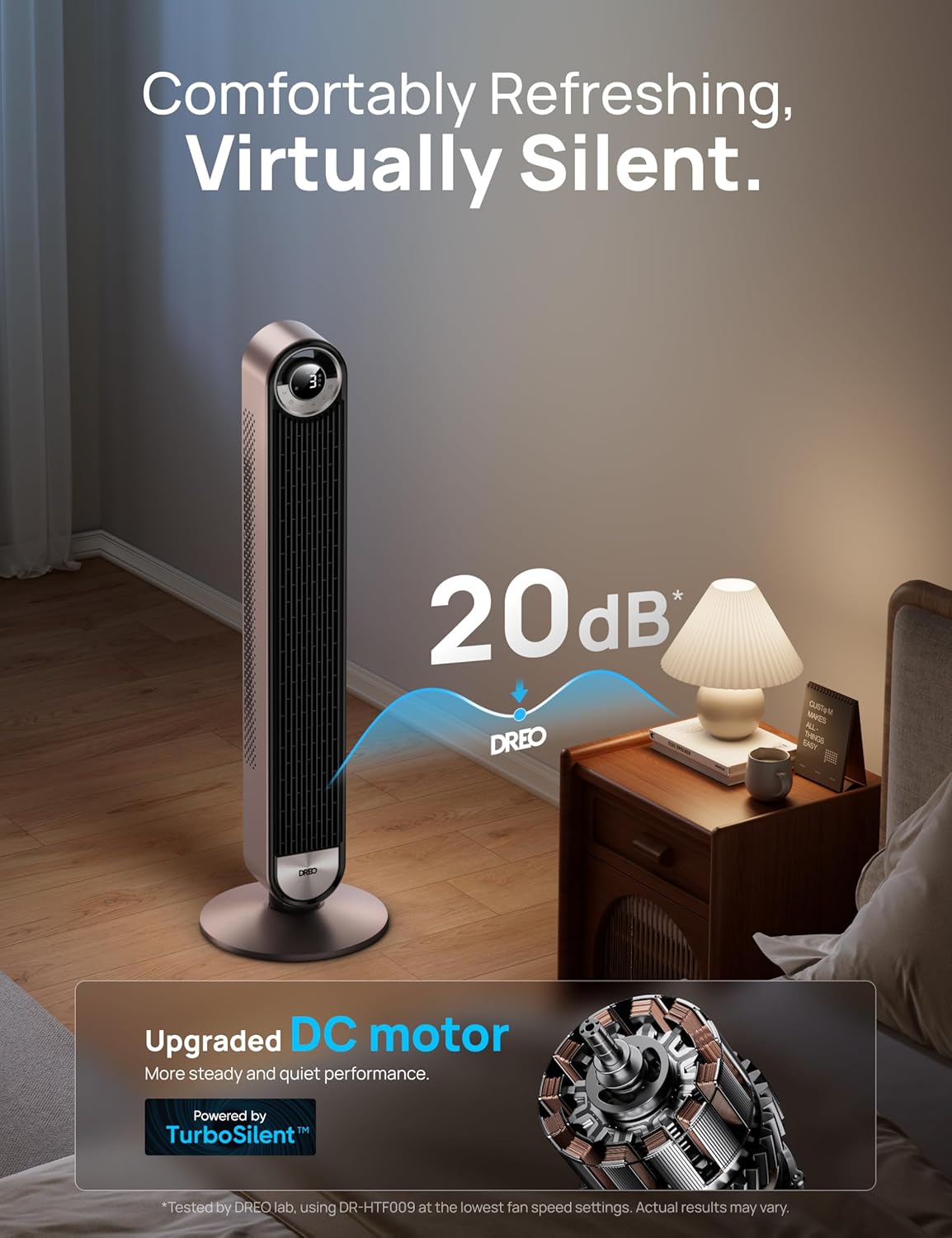 DREO Tower Fan for Bedroom, 90° Oscillating Standing Fan with 28ft/s Velocity, 20dB Quiet for Sleep, DC Motor, 9 Speeds, 4 Modes, 12H Timer, Voice & APP & Remote Control, Starlight