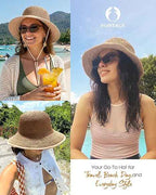 Summer Straw Beach Sun Hats for Women Wide Brim Packable Bucket Hat | Breathable Hand-Woven Paper Straw & Linen, Wide Brim, Adjustable Chin Strap for Beach, Walks, Vacations & Effortless Style
