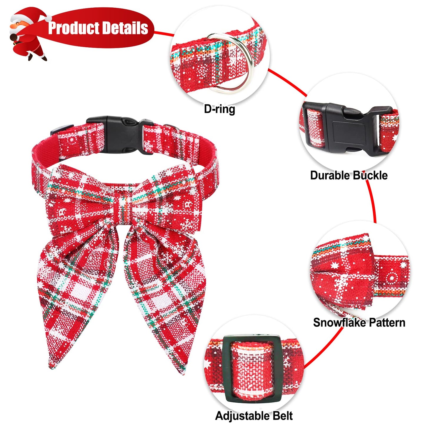 Christmas Dog Collar with Bow Tie – Plaid Adjustable Collar for Pets