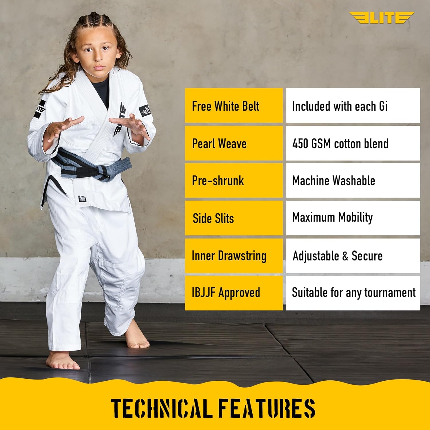 Elite Sports IBJJF Ultra Light BJJ Brazilian Jiu Jitsu Gi for Kids with Preshrunk Fabric and Free Belt