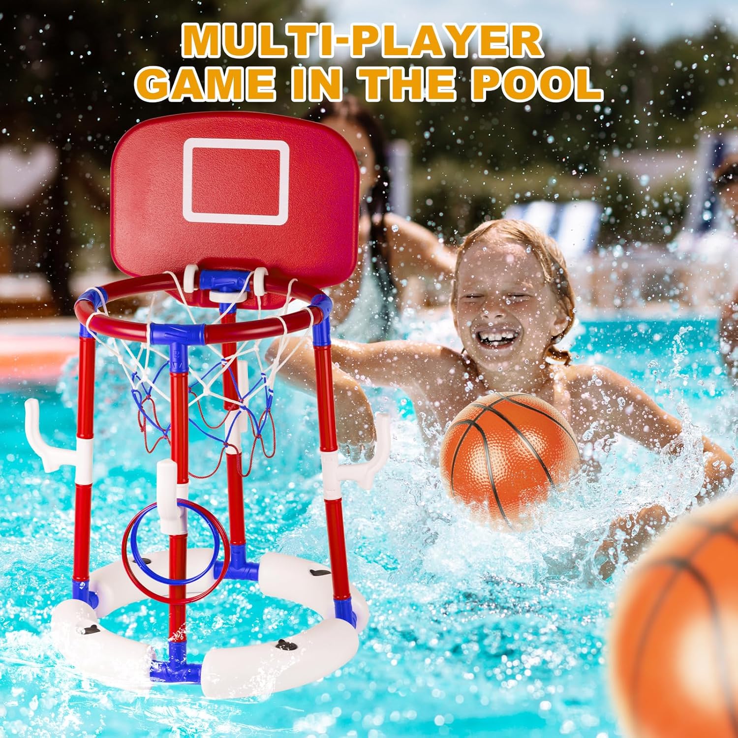 2-in-1 Poor Toy Basketball & Ring Toss Game with 4 Balls, 6 Rings&Pump, Summer Pool Toys Outdoor Water Fun Family Party for Age 3-12