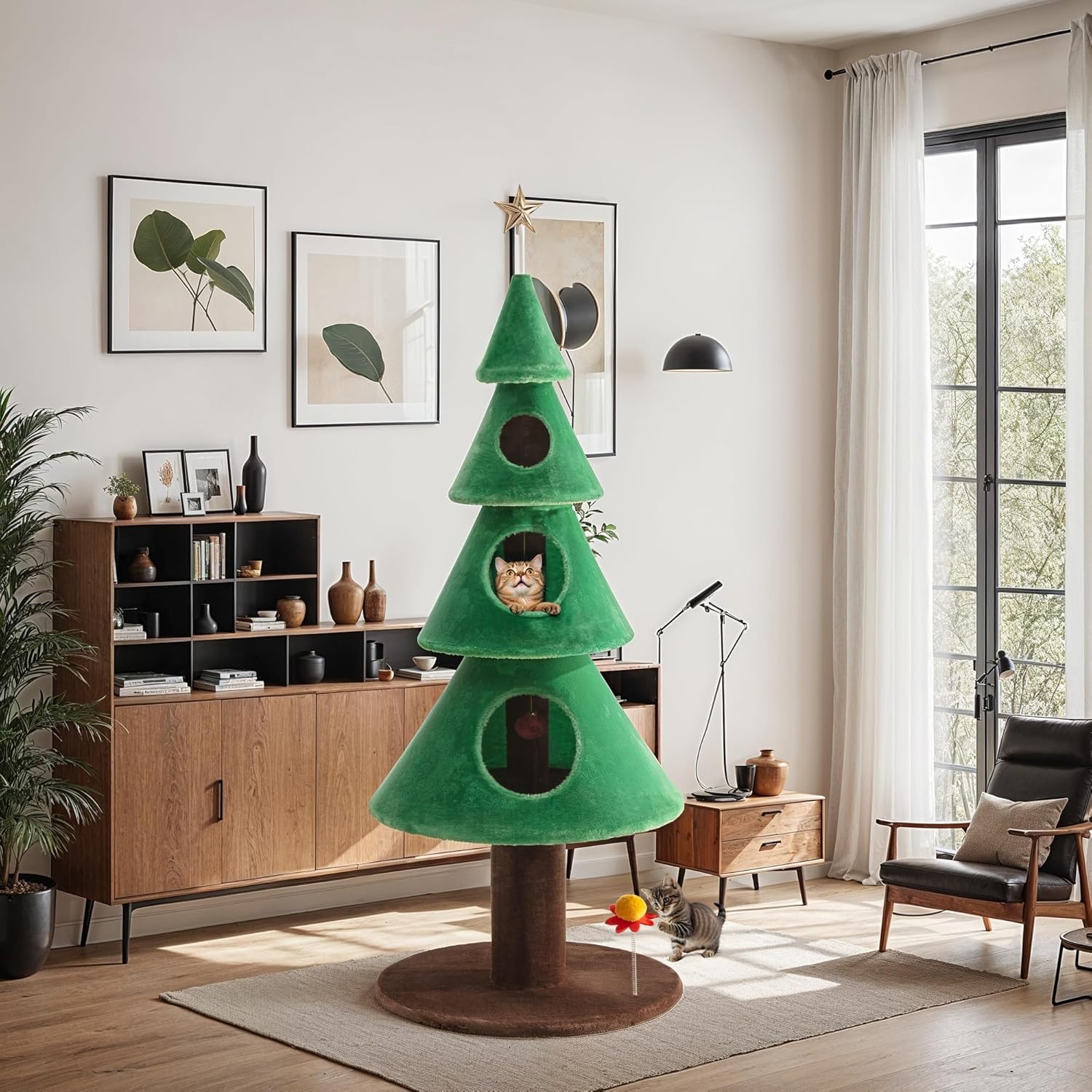 63 Inches Cat Tree for Indoor Kitty/Tower with 3 Condos/ 5ft Christmas Tree Party Decoration/Activity Center Play House and Beds/Green
