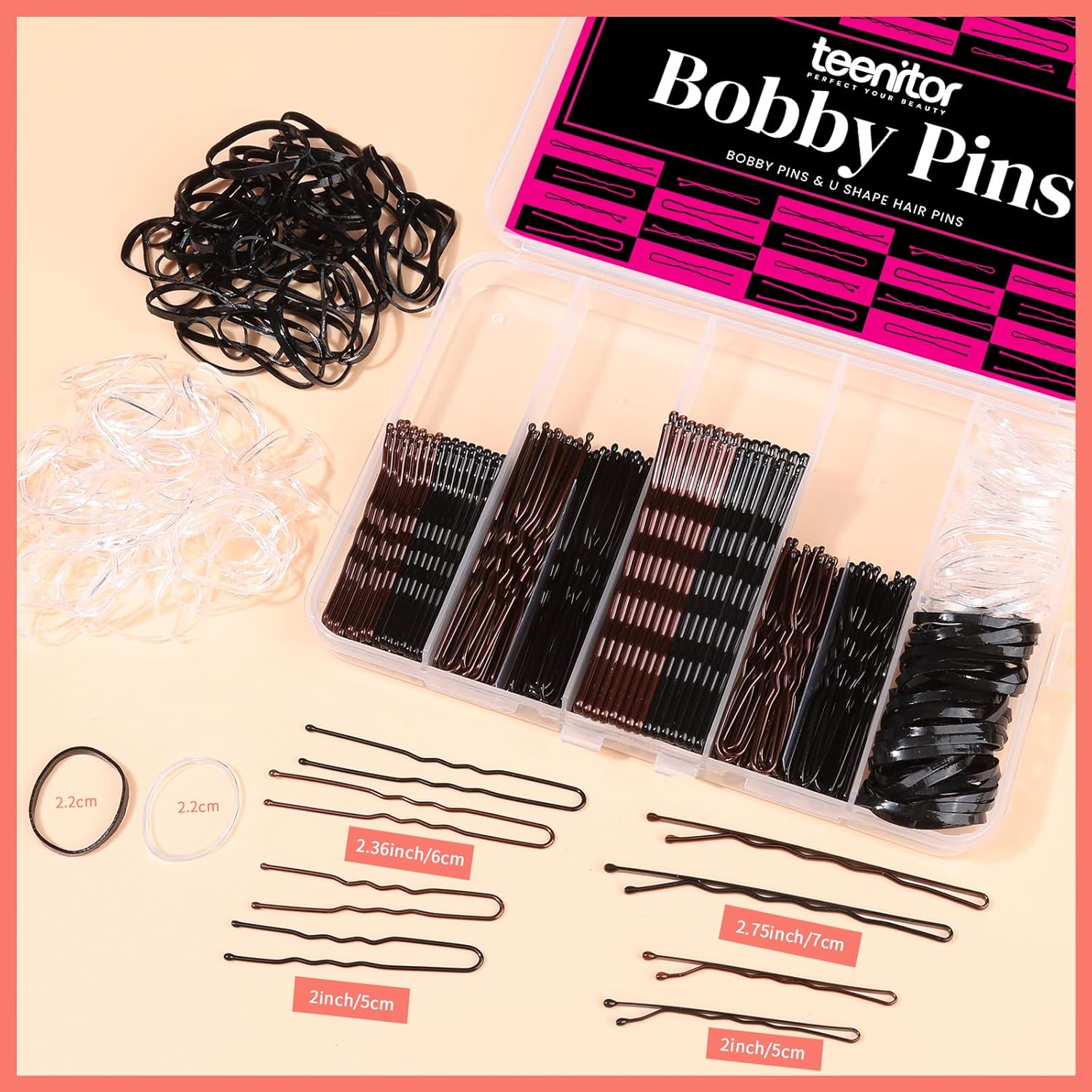 Teenitor 300pcs Bobby Pins Hair Pins Kit, 100pcs Bobby Pins 100 Hair Pins for Women for Buns, 100pcs Hair Bands, 2" 2.36", Bobb y Pins for Gray Hair 2" 2.75"