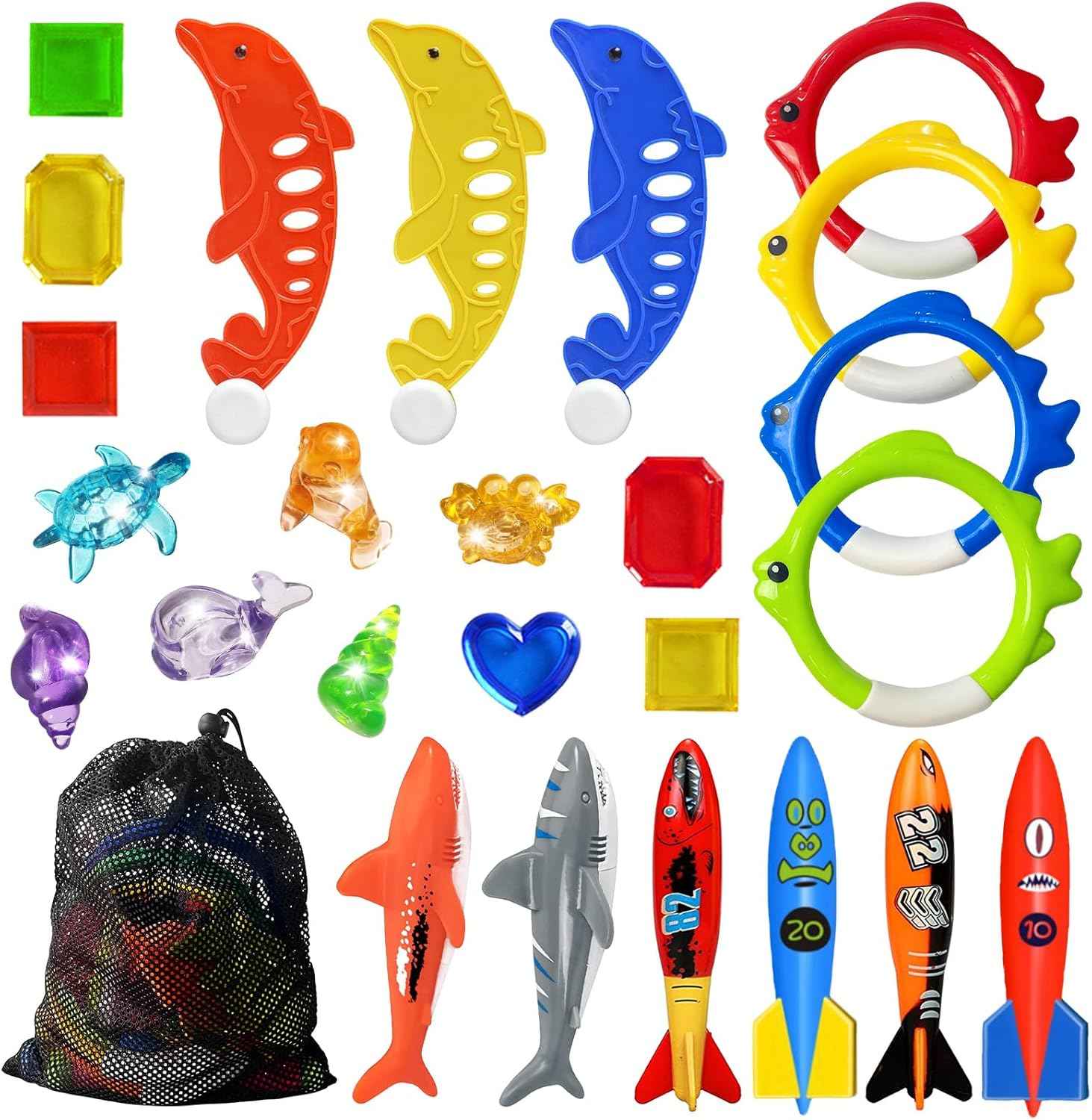 Jasonwell Pool Diving Toys Games - Swimming Pool Toys with Dive Sticks and Rings Underwater Treasures Torpedo Bandits Fish Toy etc Fun Water Swim Toy for Boys Girls Adults Kids Teens