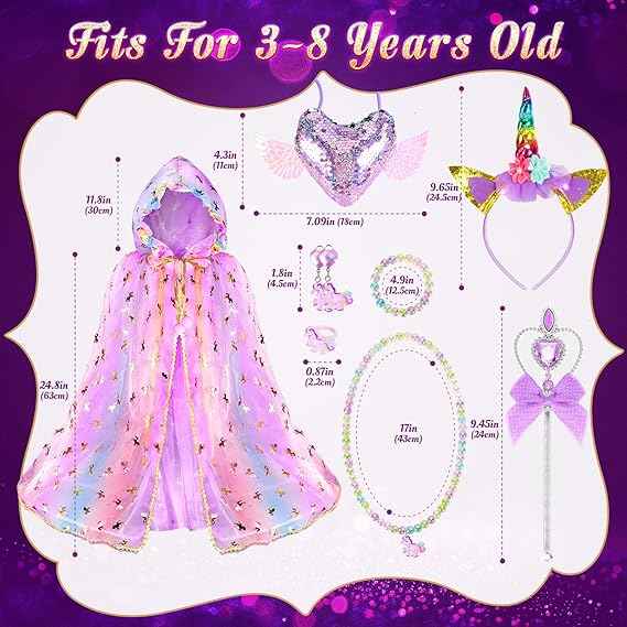 Fedio Princess Dress up for Girls,Unicorn Light up Princess Cape Set,Light up Princess Dress with Unicorn Toys for Girls 3-8