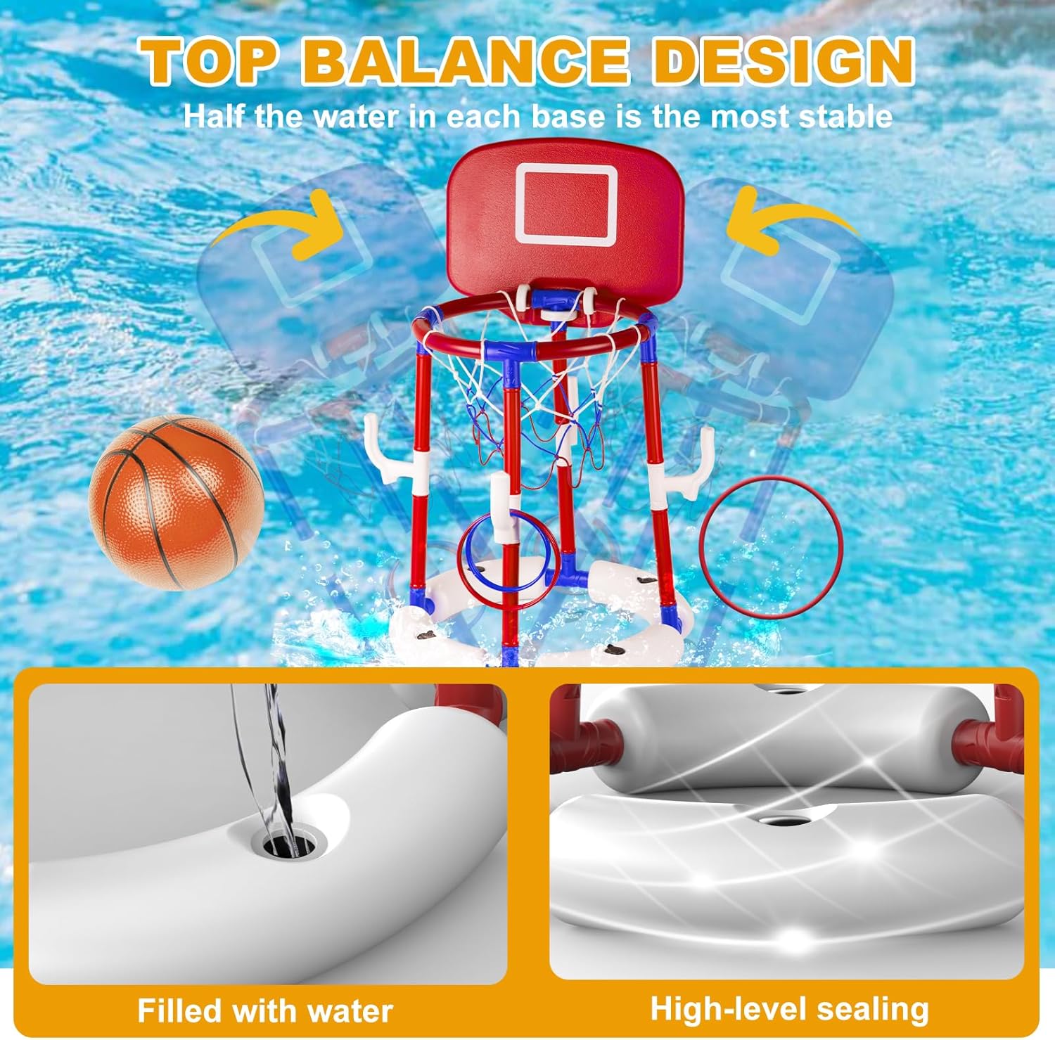 2-in-1 Poor Toy Basketball & Ring Toss Game with 4 Balls, 6 Rings&Pump, Summer Pool Toys Outdoor Water Fun Family Party for Age 3-12