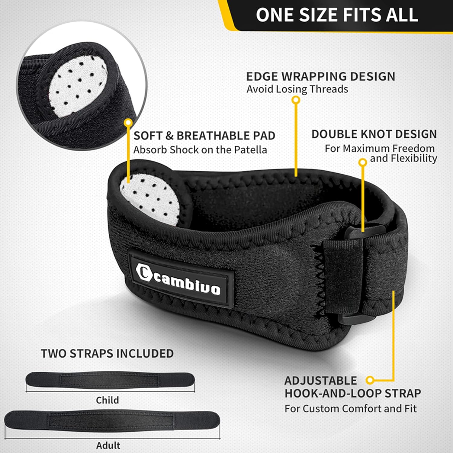 CAMBIVO 2 Pack Patella Tendon Knee Straps, Knee Brace for Women & Men with Extra Straps, Patella Bands for Pain Relief, Osgood Schlatter, Jumper’s Knee, Tendonitis, Running, Basketball, Volleyball