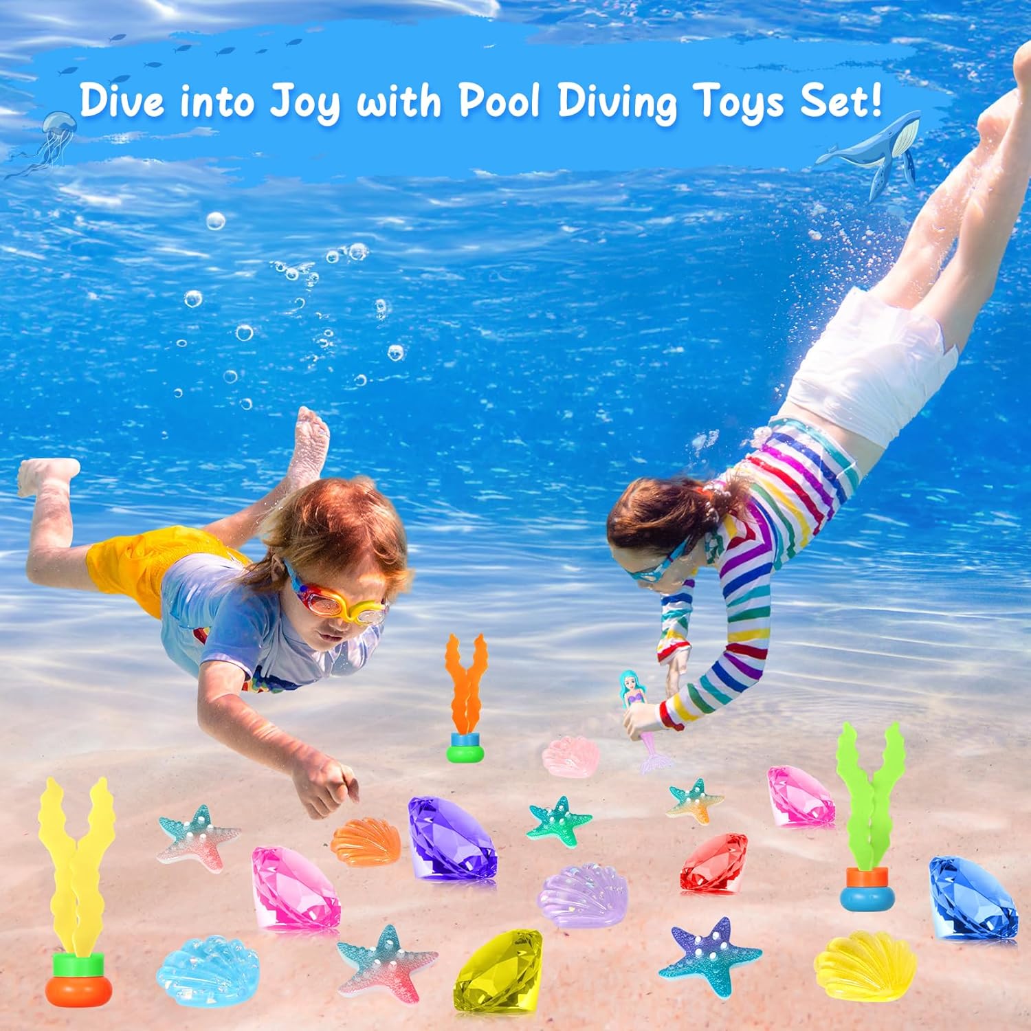 VGOFUN Diving Gems Pool Toys,10 Pcs Colorful Diamond with Treasure Chest Pirate Box Kids Swim Toys Acrylic Underwater Gemstone for Boys Girls Bath Toys Swimming Training Gift Water Pool Games