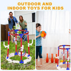 2-in-1 Poor Toy Basketball & Ring Toss Game with 4 Balls, 6 Rings&Pump, Summer Pool Toys Outdoor Water Fun Family Party for Age 3-12