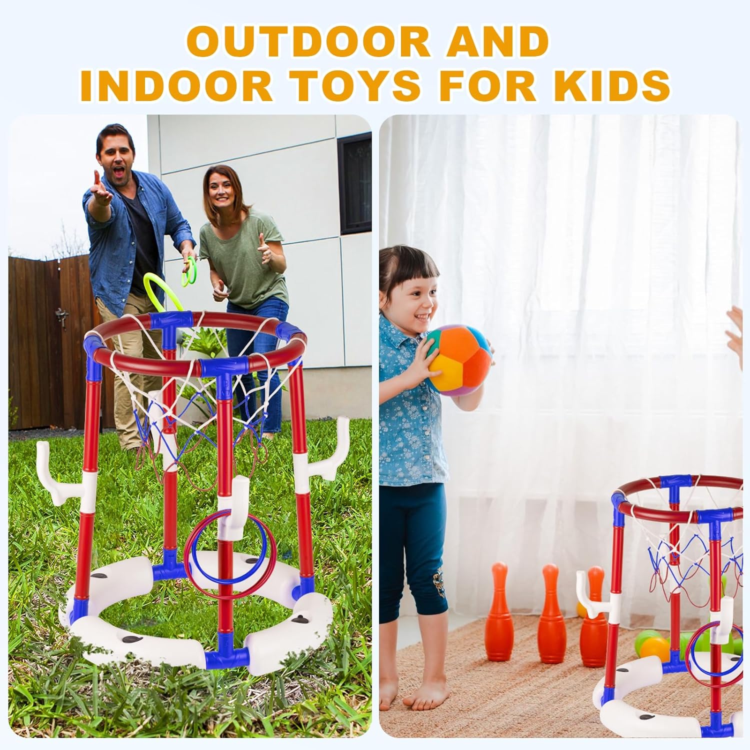 2-in-1 Poor Toy Basketball & Ring Toss Game with 4 Balls, 6 Rings&Pump, Summer Pool Toys Outdoor Water Fun Family Party for Age 3-12