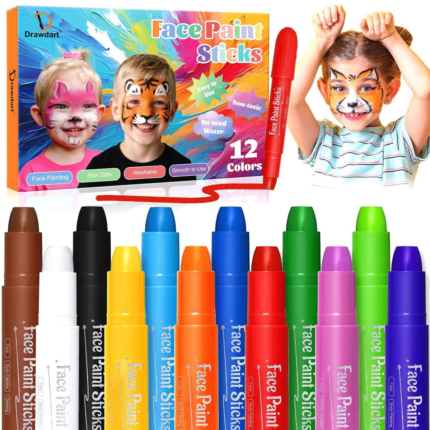 Face Painting Kit for Kids, 12Pcs XL Face and Body Paint Crayons| 12 Vibrant Colors Safe and Washable Face Paint Sticks for Adults Kids Party, Halloween Makeup, School Event, Cosplay