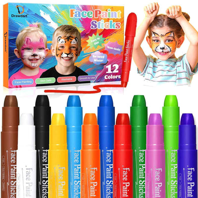 Face Painting Kit for Kids, 12Pcs XL Face and Body Paint Crayons| 12 Vibrant Colors Safe and Washable Face Paint Sticks for Adults Kids Party, Halloween Makeup, School Event, Cosplay