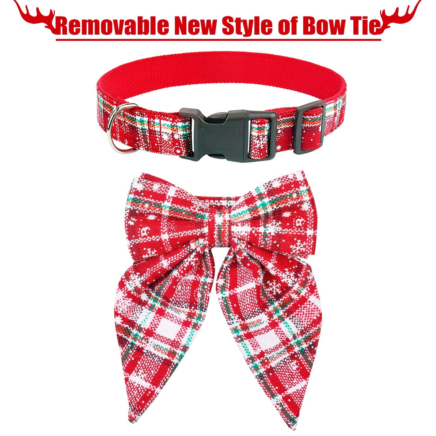 Christmas Dog Collar with Bow Tie – Plaid Adjustable Collar for Pets