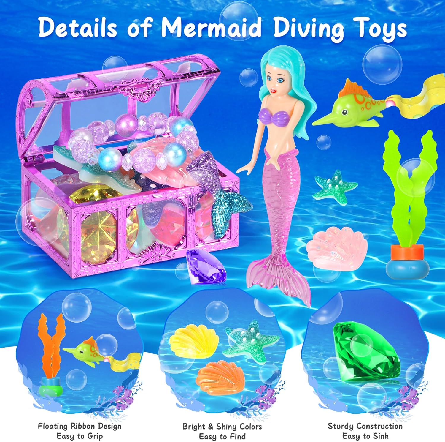 VGOFUN Diving Gems Pool Toys,10 Pcs Colorful Diamond with Treasure Chest Pirate Box Kids Swim Toys Acrylic Underwater Gemstone for Boys Girls Bath Toys Swimming Training Gift Water Pool Games