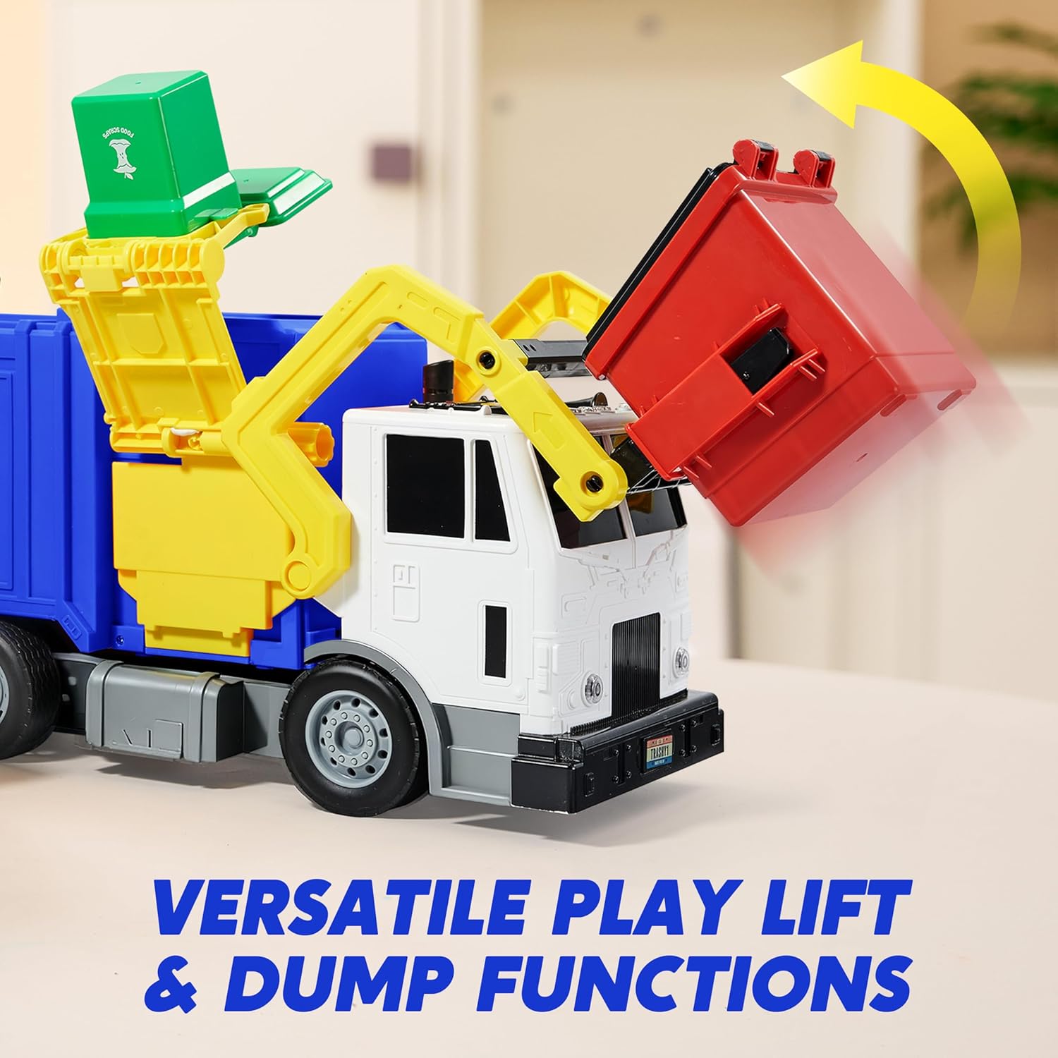 JOYIN Large Friction Powered Garbage Truck Toy Set, Includes Dumpster, Trash Bins, and Learning Cards for Kids