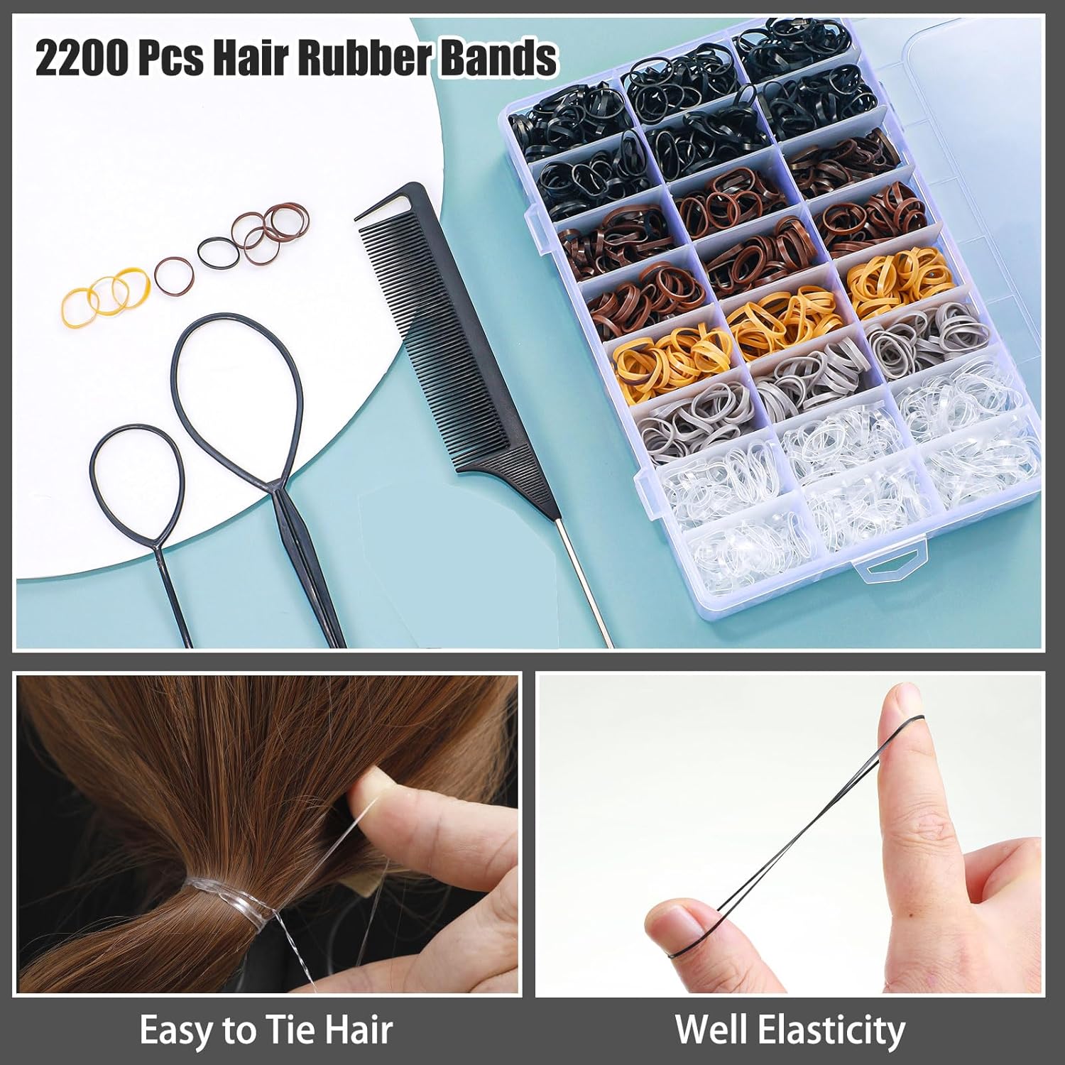 2200 Pcs Elastic Hair Ties, Mini Rubber Bands with Hair Tail Tools and Comb, Hair Accessories for Women, Girls, Toddlers, Babies