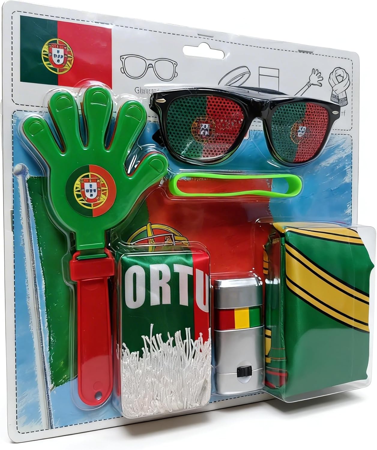 6 Pcs Cheering Set for Game Day Watch Party – Flag, Fan Scarf, Wristband, Flag Glasses, Hand Clapper, Blendable Face Paint Sticks