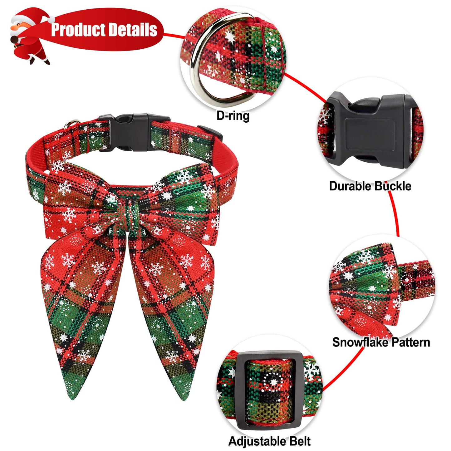 Christmas Dog Collar with Bow Tie – Plaid Adjustable Collar for Pets