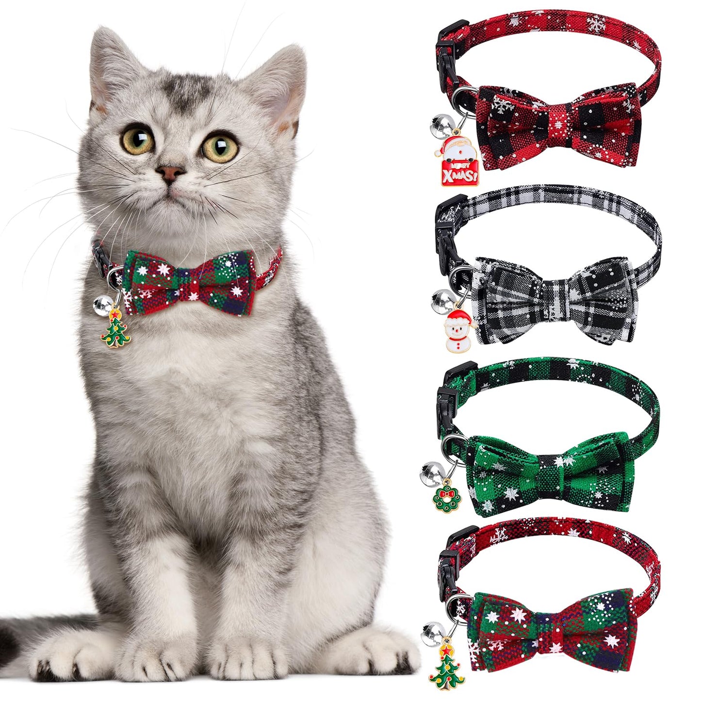 4 Pack Christmas Cat Collars with Bow Tie & Bell