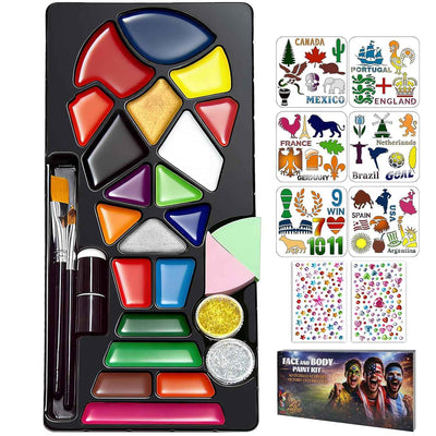 Face Painting Kit for Kids & Adults, 20 Colors Water Activated Face Paint Set with Stencils, Gems & Brushes, Washable Face Paint for Soccer Fans, Game Day, Team Spirit & Fan Celebrations