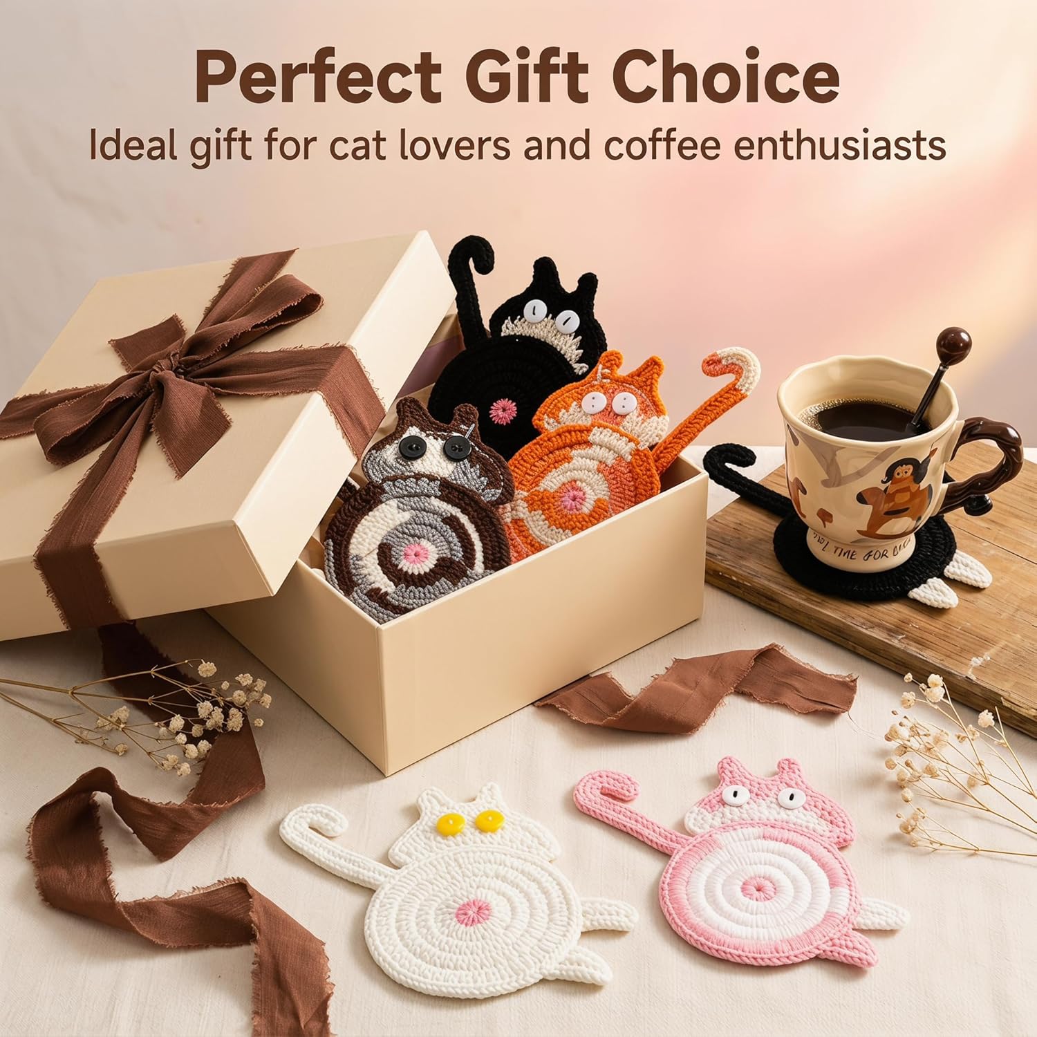 Cat Gifts for Cat Lovers Cat Coaster Woven Creative Cute Cat Coaster Insulation Coaster Coffee and Tea Coaster Desktop Gifts