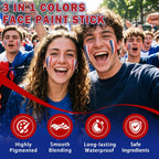 3 in 1 Colors Face Body Paint Sticks for Soccer,Football,Softball,Baseball,High Pigment & Waterproof Eye Black Stick Makeup