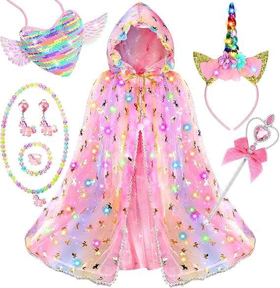 Fedio Princess Dress up for Girls,Unicorn Light up Princess Cape Set,Light up Princess Dress with Unicorn Toys for Girls 3-8