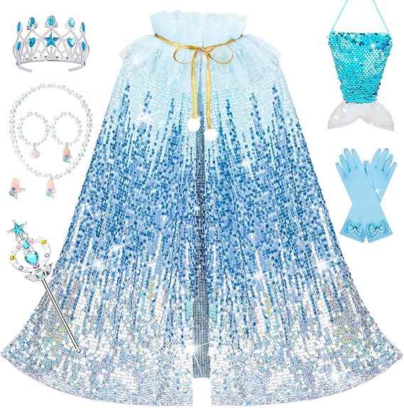 Meland Princess Dress Up for Girls 3-8, Mermaid Cape with Crown, Dress Up Clothes Birthday Gift Toys for Girls Toddlers