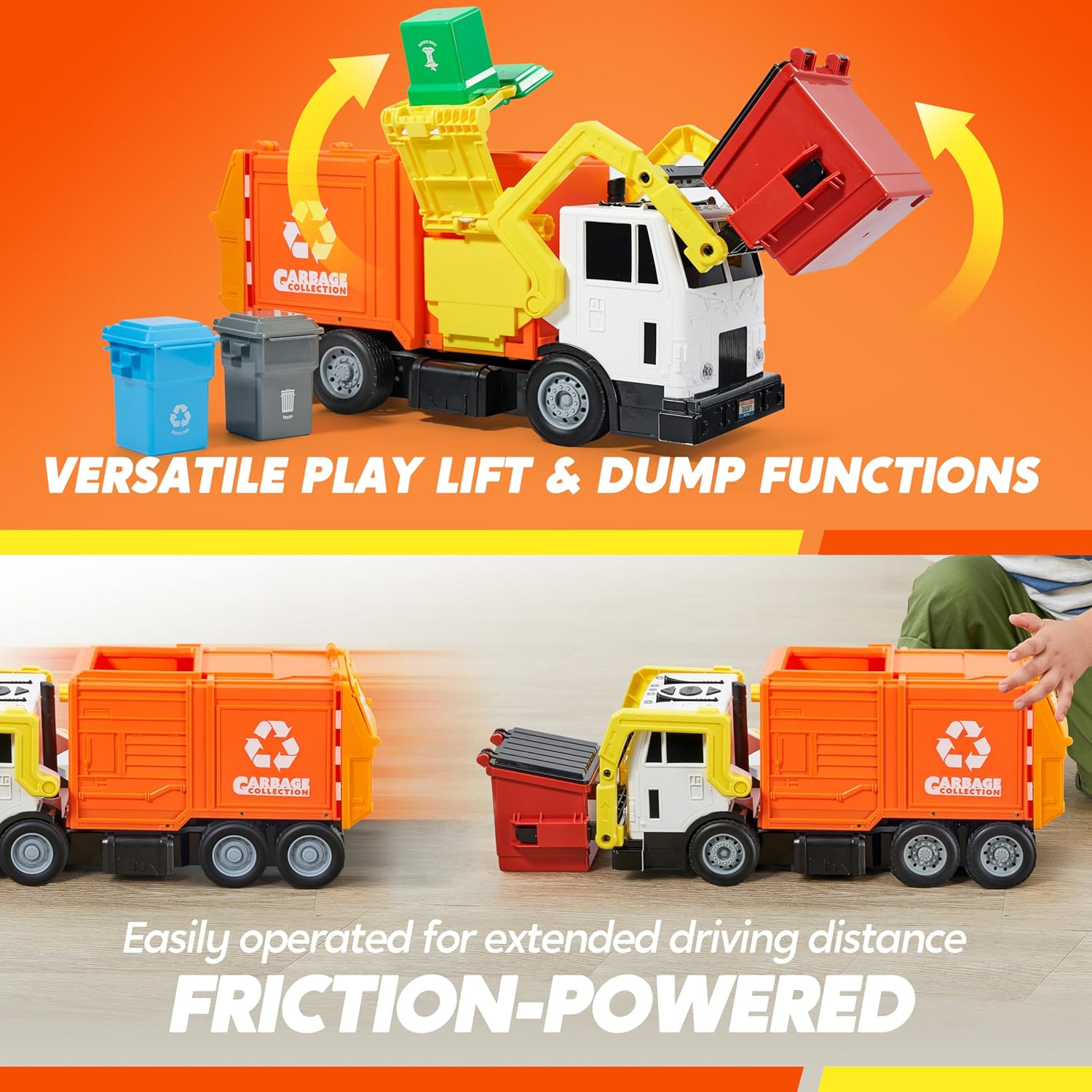 JOYIN Large Friction Powered Garbage Truck Toy Set, Includes Dumpster, Trash Bins, and Learning Cards for Kids