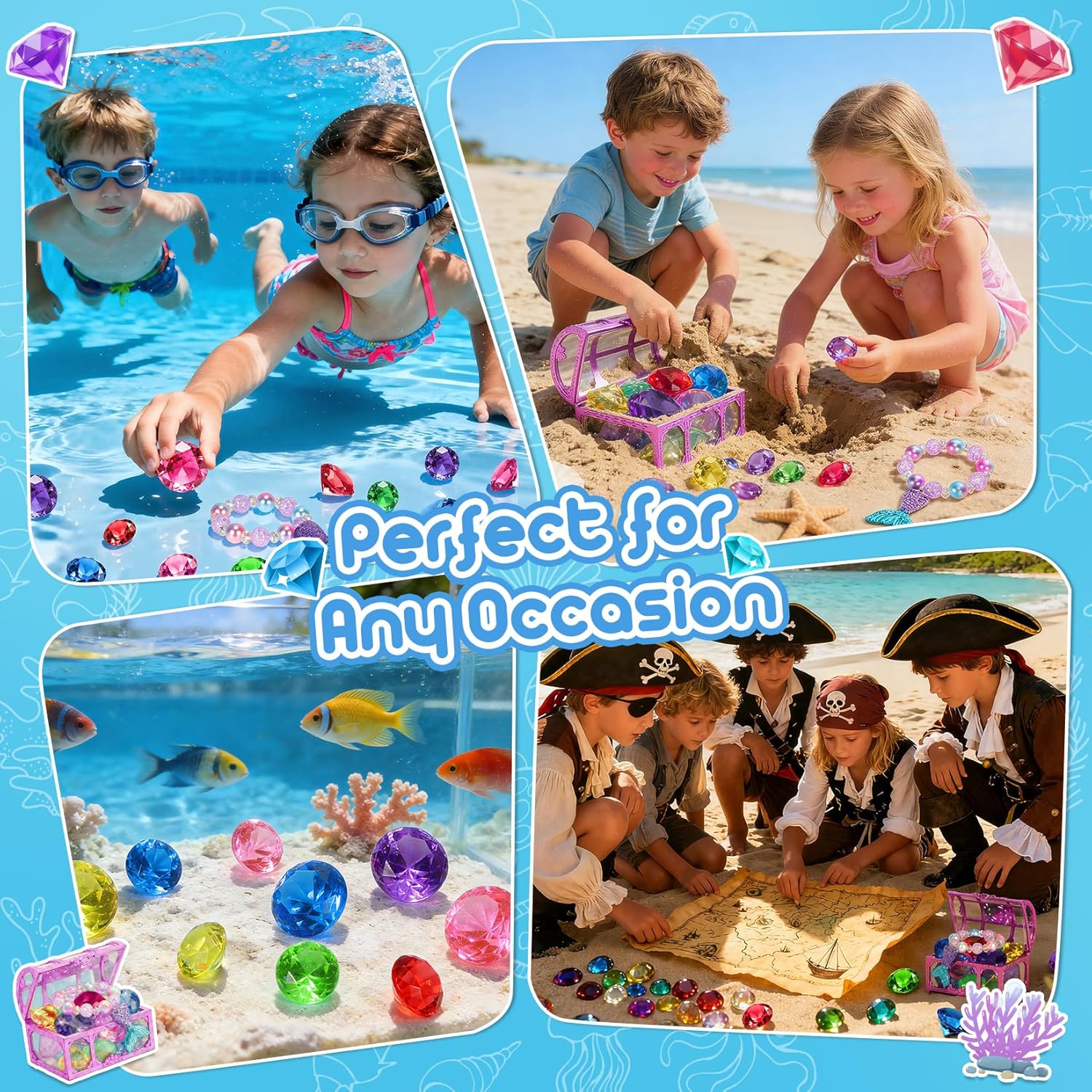VGOFUN Diving Gems Pool Toys,10 Pcs Colorful Diamond with Treasure Chest Pirate Box Kids Swim Toys Acrylic Underwater Gemstone for Boys Girls Bath Toys Swimming Training Gift Water Pool Games