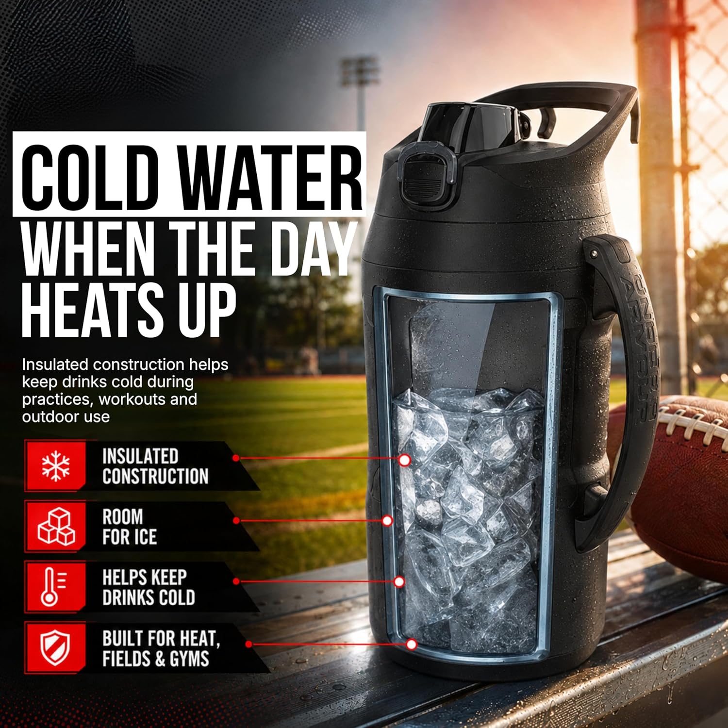 Insulated Water Bottle with Handle & Fence Hook, Half Gallon Sports Water Jug, Leak-Resistant & BPA-Free for Baseball, Football & Gym