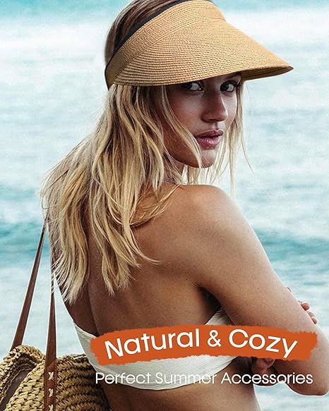 Womens Sun Visor Hat Straw Sun Visors for Women Summer Packable Ponytail Beach Hats for Women Travel UPF 80+