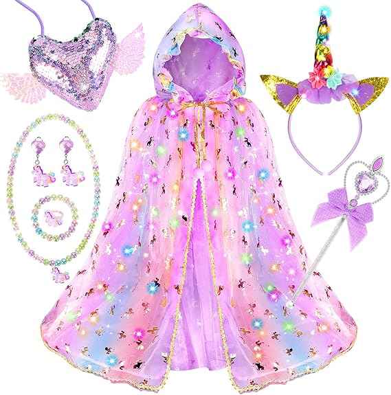 Fedio Princess Dress up for Girls,Unicorn Light up Princess Cape Set,Light up Princess Dress with Unicorn Toys for Girls 3-8