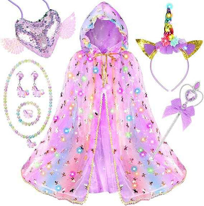 Fedio Princess Dress up for Girls,Unicorn Light up Princess Cape Set,Light up Princess Dress with Unicorn Toys for Girls 3-8