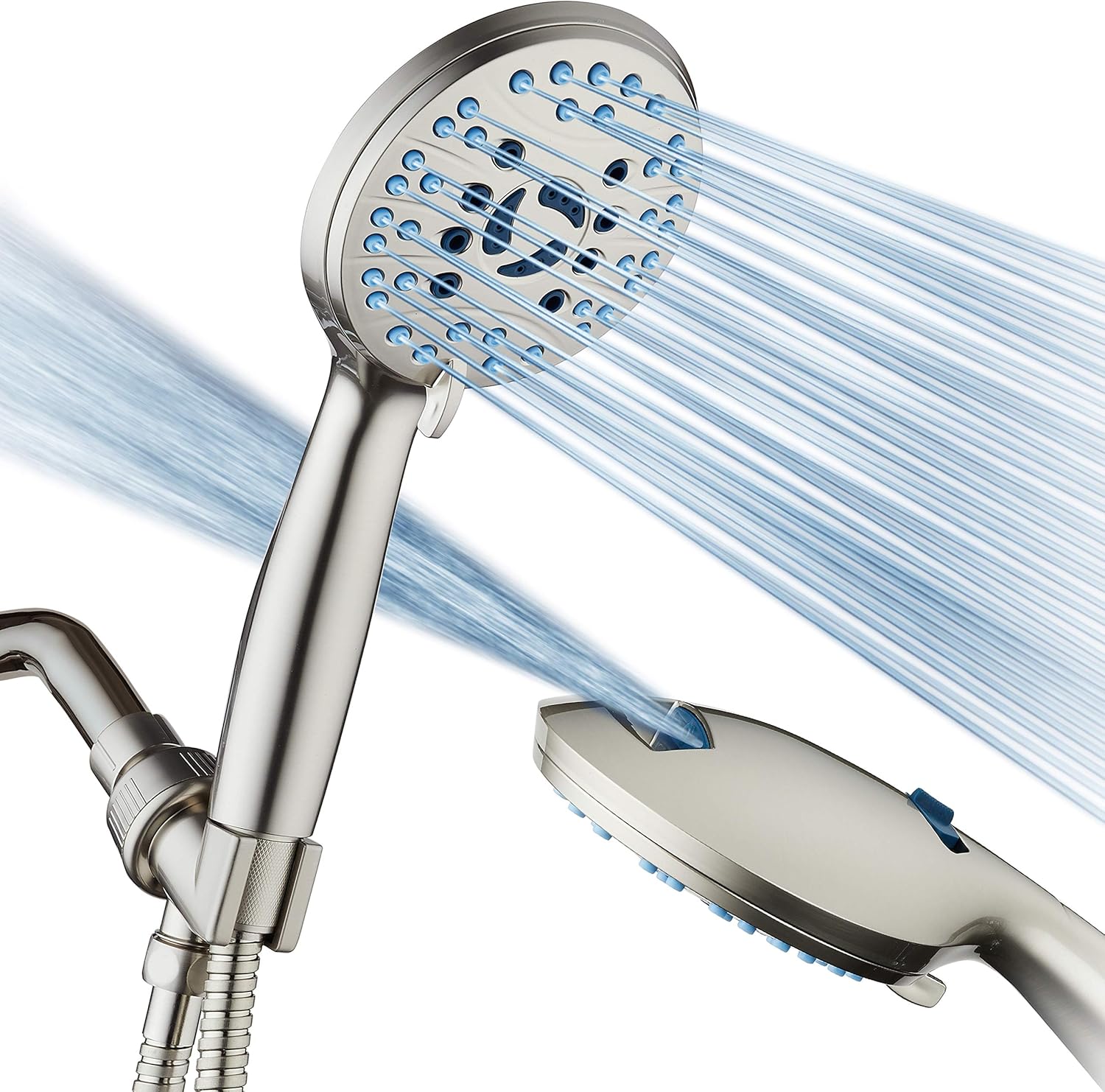Hotel Spa AquaCare High Pressure 8-mode Handheld Shower Head, Anti-clog Nozzles - Built-in Power Wash to Clean Tub, Tile & Pets, Extra Long 6 ft. Stainless Steel Hose, Wall & Overhead Brackets