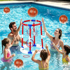 2-in-1 Poor Toy Basketball & Ring Toss Game with 4 Balls, 6 Rings&Pump, Summer Pool Toys Outdoor Water Fun Family Party for Age 3-12