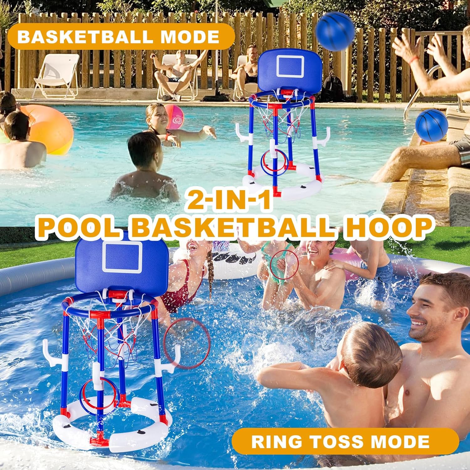 2-in-1 Poor Toy Basketball & Ring Toss Game with 4 Balls, 6 Rings&Pump, Summer Pool Toys Outdoor Water Fun Family Party for Age 3-12
