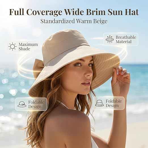Women's Bowknot Wide Brim Sun Hat – Foldable, 360° Protection UV Protection Breathable Summer Travel Beach Hat