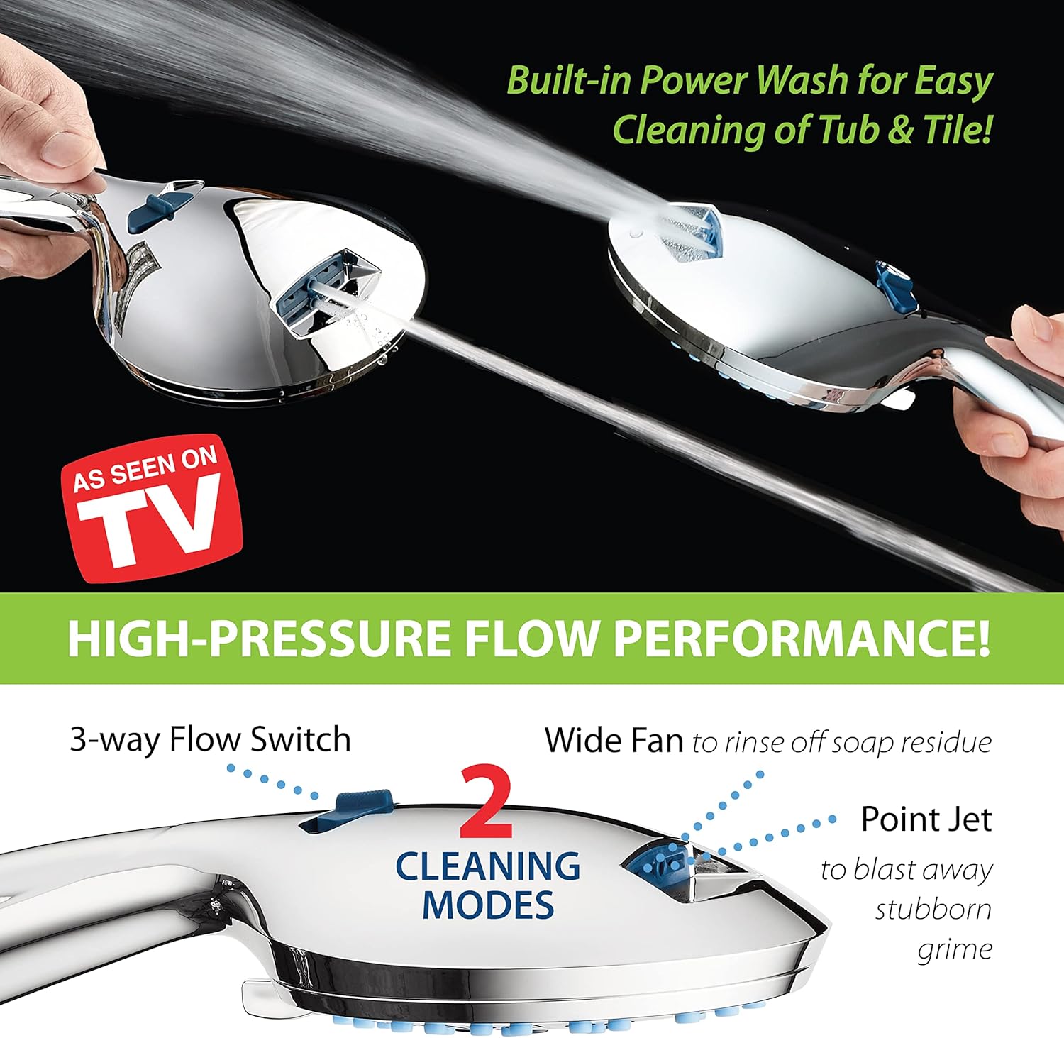 Hotel Spa AquaCare High Pressure 8-mode Handheld Shower Head, Anti-clog Nozzles - Built-in Power Wash to Clean Tub, Tile & Pets, Extra Long 6 ft. Stainless Steel Hose, Wall & Overhead Brackets
